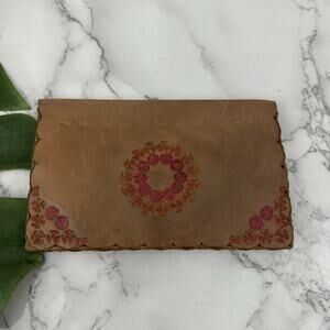 Vintage Hand Tooled Leather Wallet Brown Red Floral Western Bi Fold Envelope